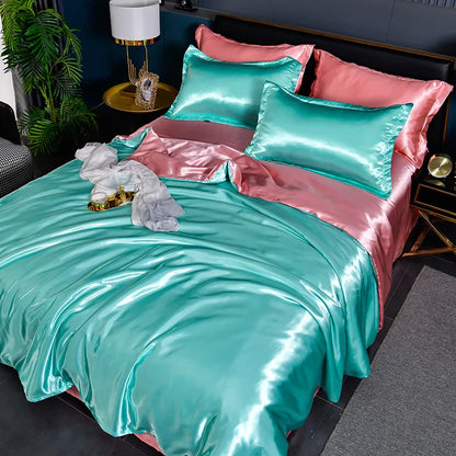 A/B Double-Sided Color Bedding Set Silky Satin Duvet Cover Bed Sheet Pillowcase Luxury Bedsheet King Queen Double Twin Size
