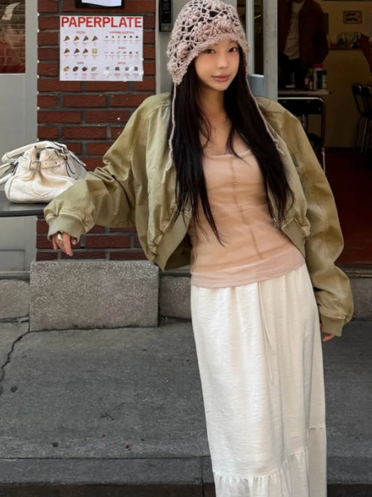 Fashion Short Bomber Jacket Women Casual Long Sleeve Round Neck  Zipper Loose Cropped 2026 Jackets Lady Spring Street Outerwear