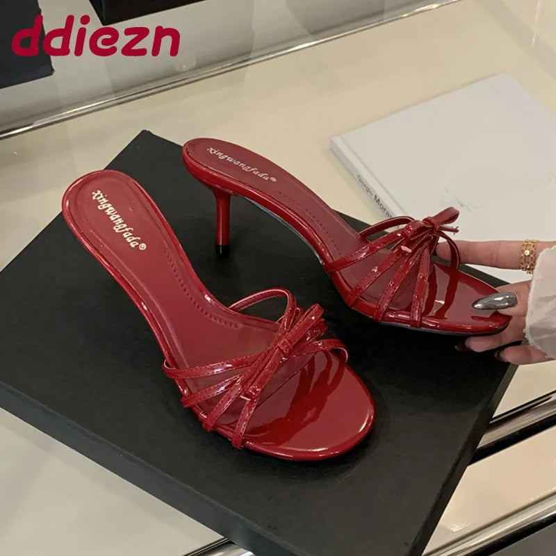 Women Thin Heels Sandals Slides Shoes Butterfly-Knot Footwear Fashion Round Toe Ladies High Heels Shoes Female Sandals Pumps