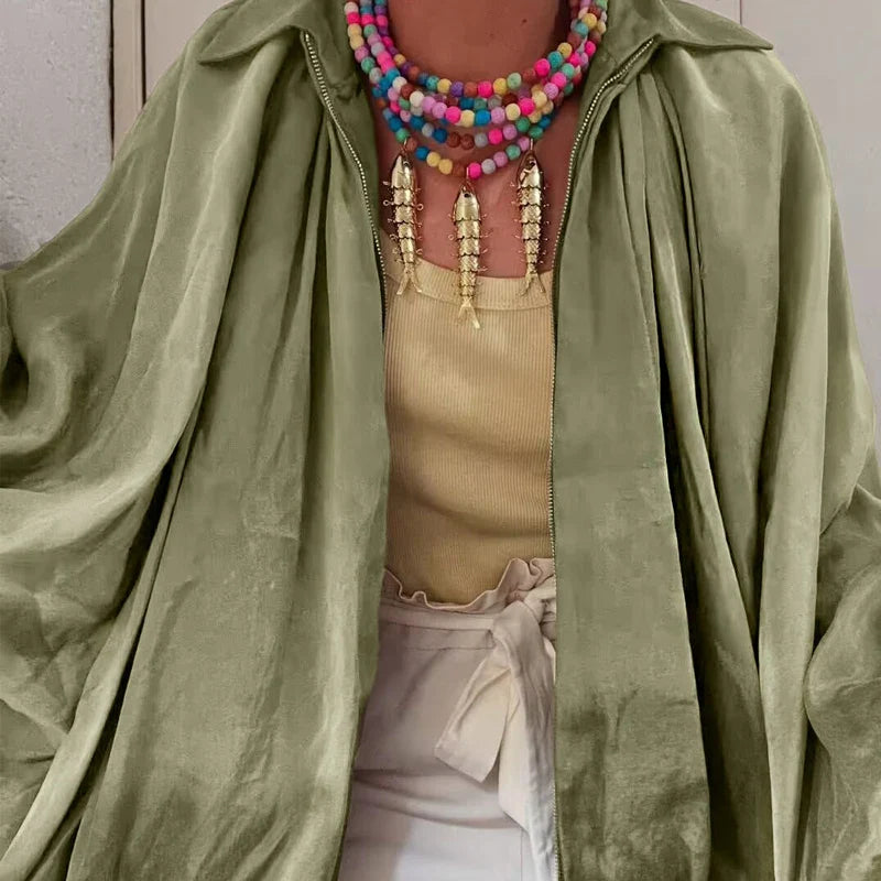 Women's Bomber Jacket Long Sleeve Pleats Street Wear With Zipper Green Beige Vintage Oversize Zip Up Casual Summer Jacket female