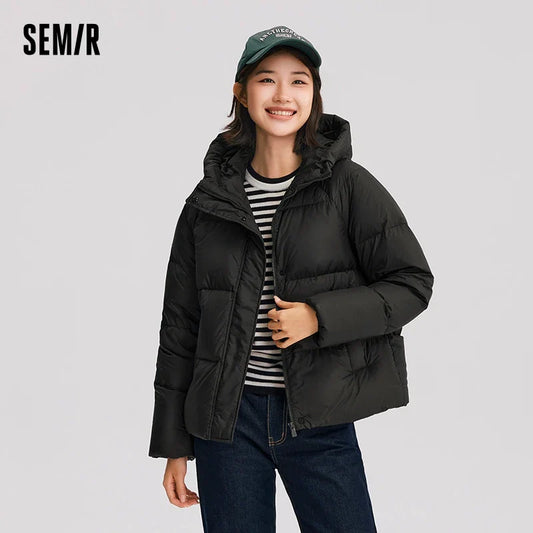 Semir Down Jacket Women Solid Color Loose Versatile 2025 Winter New Waterproof Oil-proof Stain-proof Hooded Coat Down Jacket