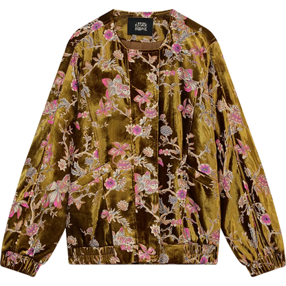 ELFSACK 2025 Gold Velvet Jacket Women's Winter Short Coat, Embroidered Goldfish Chinese Style Vintage Loose Padded Jacket