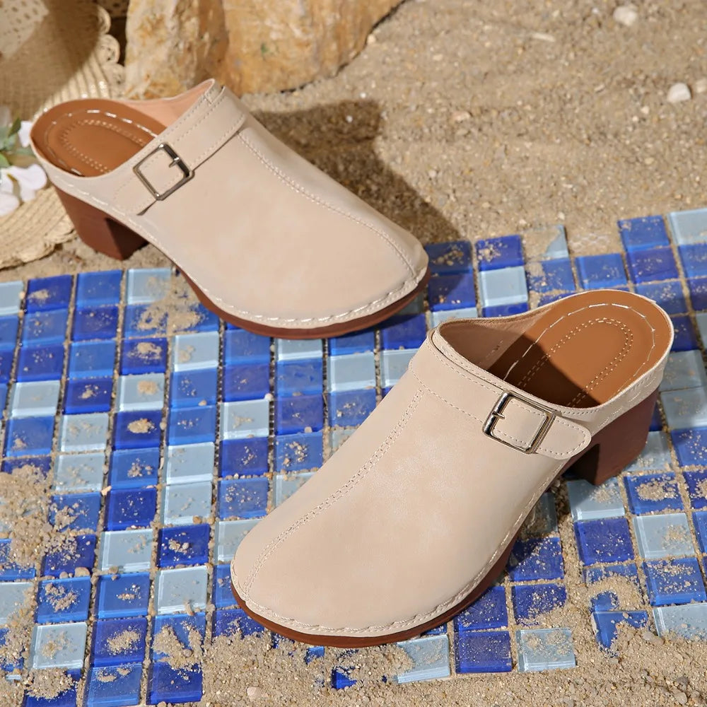 Slippers Women 2026 Summer New Plus Size Round Toe Women's Sandals Outdoor Rome Ladies Shoes Buckle Chunky Heel Slippers