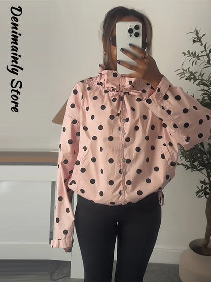 Casual Polka Dot Drawstring Jacket Women Lace Up Stand Collar Full Sleeve Single Breast Jacket 2026 Spring Lady Commute Coat New