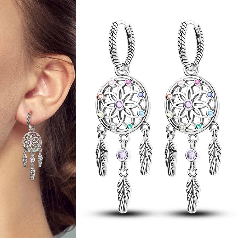 Genuine 925 Sterling Silver Love Feather Earrings Fit Original Charms Hoop For Women Girls Stud Earring Fine Jewelry Gifts