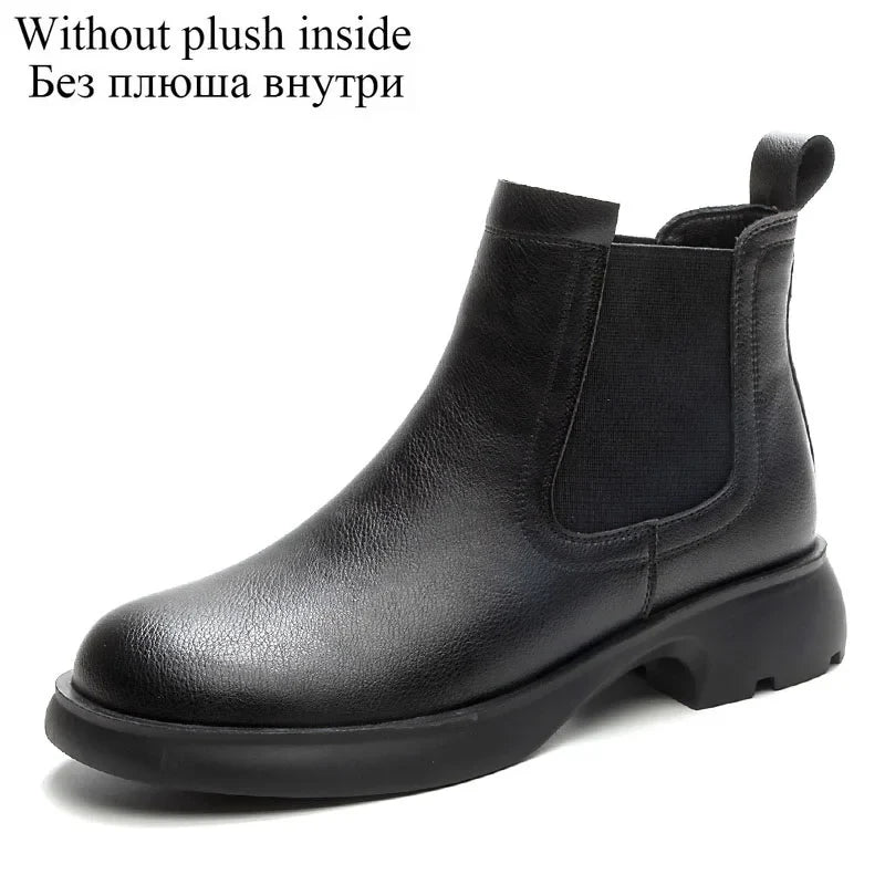 DRKANOL Fashion Women Thick Heel Ankle Boots Autumn Winter Warm Shoes Round Toe Real Cowhide British Style Slip On Chimney Boots
