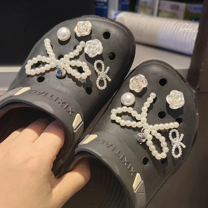 New Pearls Bowknot Shoes Charm Set 2026 Punk Heart Flowers DIY Shoe Accessories Ballet Style Silver Detachable Shoe Buckle Decor