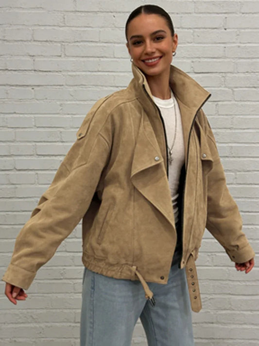 Khaki Lapel Short Suede Jacket Women Casual Stand Collar Full Sleeve Zipper Pocket Loose Jackets 2026 Lady Commute Street Coats