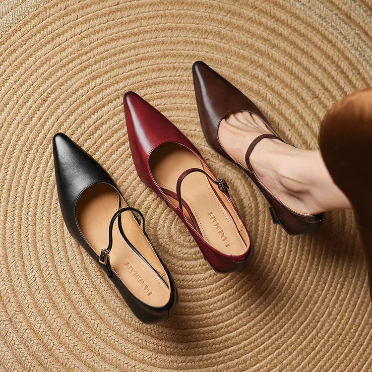 NEW Spring/Autumn Women Pumps Genuine Leather Shoes for Women Pointed Toe Thin Heel Shoes Shallow Buckle Strap Mary Janes Shoes