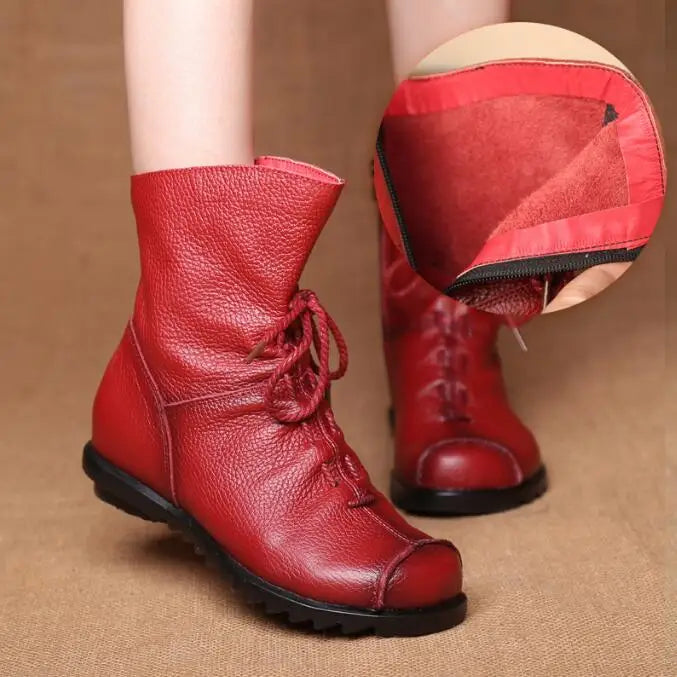 Genuine Leather Plush women's short Boots Retro Casual Autumn Winter Women Boots Waterproof warm Snow boots Plus Size 42