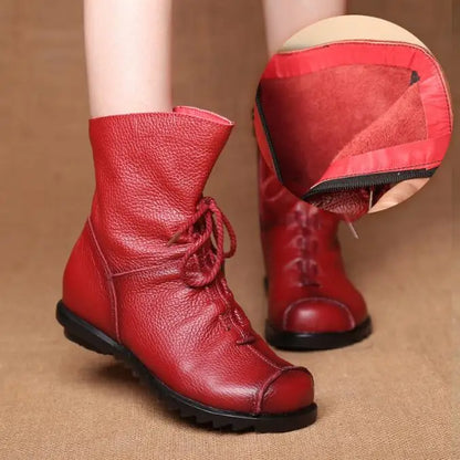 Genuine Leather Plush women's short Boots Retro Casual Autumn Winter Women Boots Waterproof warm Snow boots Plus Size 42