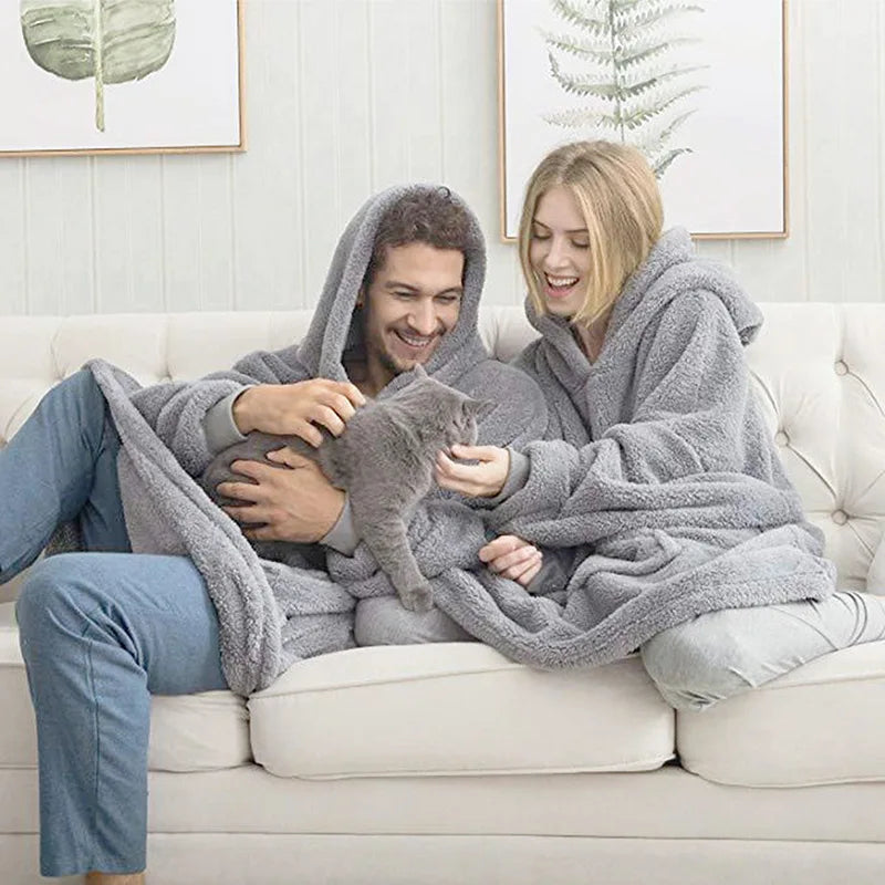 Winter Warm Unisex Double-faced Fleece Hooded Sweatshirts Casual Loose Long Thicken Pocket Pullover Batwing-sleeved Home Clothes