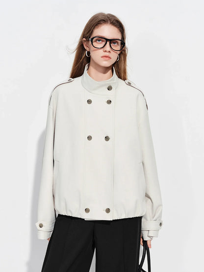 FSLE【Premium Series】Women's Oversize Short Trench Coat Brown Faux Leather Belted Jacket Grey Windbreaker Y2K Retro Outerwear