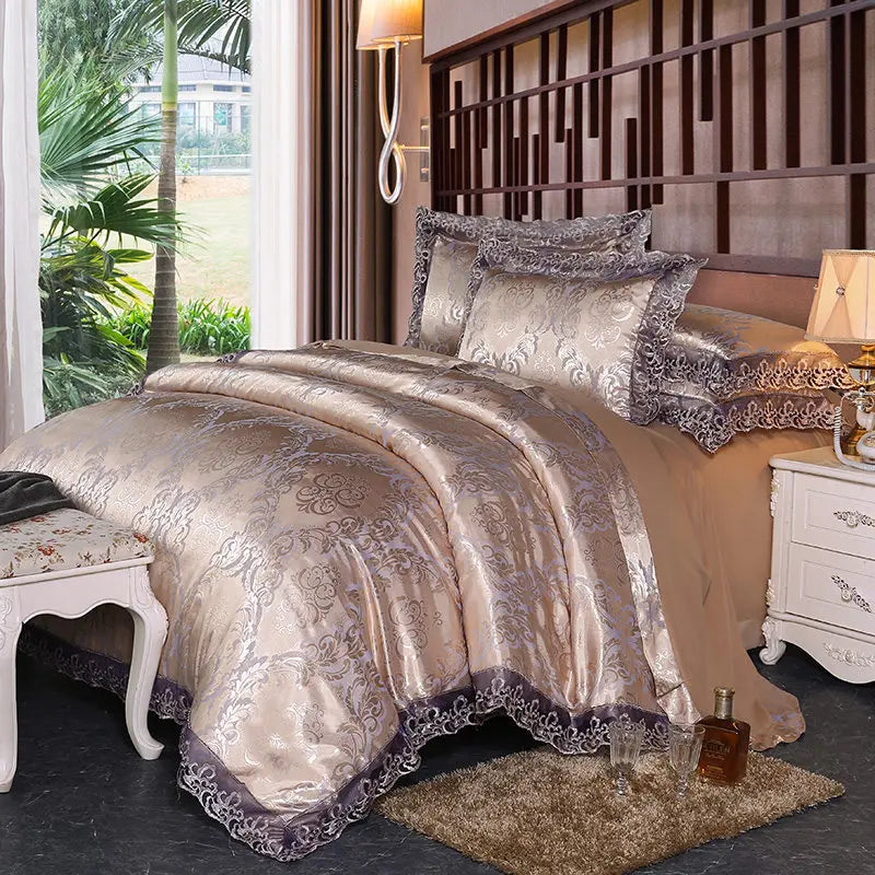 Luxury Jacquard Bedding Set Tencel Modal Duvet Cover 4PCS with Lace Satin Bed Sheet Pillowcases King and Queen Size Home Textile