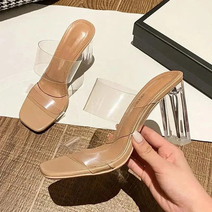 Summer Women Pumps Sandals 9cm Jelly Slippers Sexy Open Square Toe High Heels Women Transparent Slippers Shoe Heel Clear Sandals