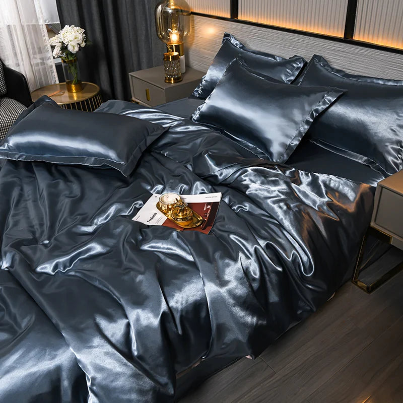 A/B Double-Sided Color Bedding Set Silky Satin Duvet Cover Bed Sheet Pillowcase Luxury Bedsheet King Queen Double Twin Size