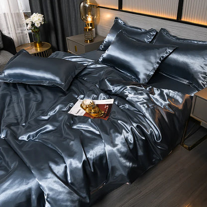 A/B Double-Sided Color Bedding Set Silky Satin Duvet Cover Bed Sheet Pillowcase Luxury Bedsheet King Queen Double Twin Size