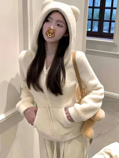 2025 Kawaii Plush Hoodie Women Bear Ear Zip Jacket Soft Warm Fleece Coat Korean Sweet Girl Winter Outerwear Cute Fashion Trend