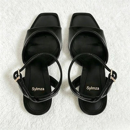 Black Sexy Heels Women Summer Elegant Party Dress Sandals Fashion Square Toe Naked Strap Designer Thin Heels Pumps Zapatos Mujer