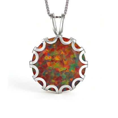 Wave Frame Opal Pendant Necklace,Round Blue Green Opal with Red Fire,White K Plated Floral Jewelry,Dainty Charms Gift for Women