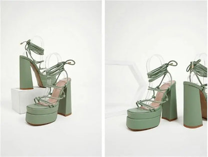 FF2025 New Fashion Solid Colored Cross-tied Heels Supper High Platform Dressing Sandals Peep-toe Square Heel Summer Footwear