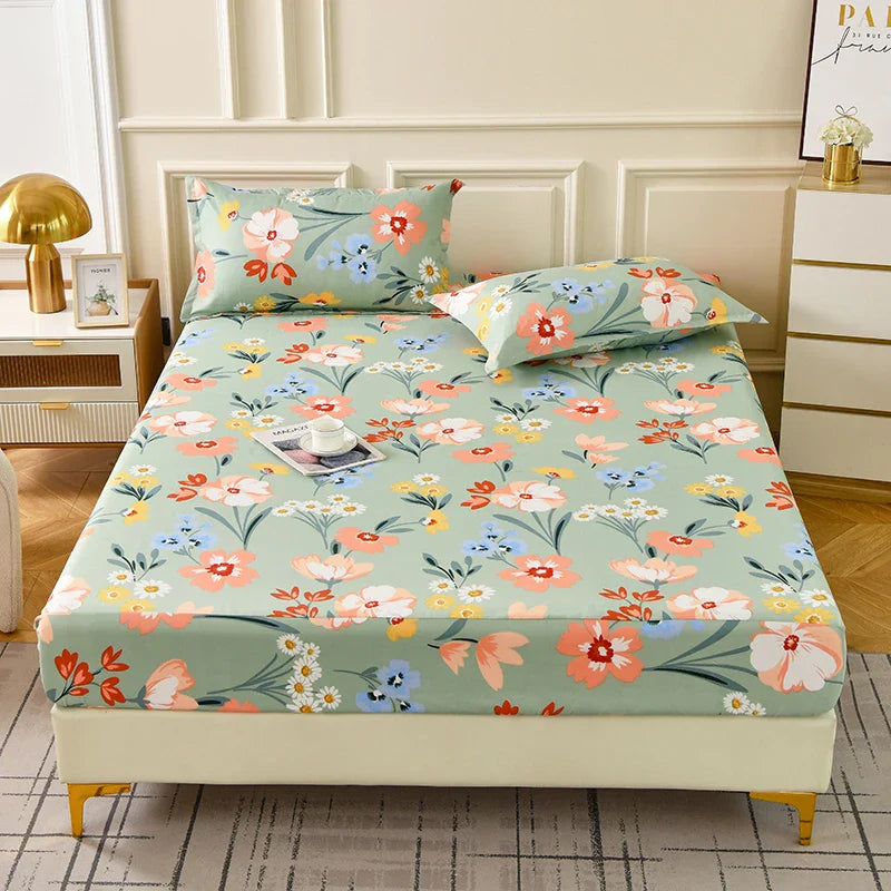 Red Flower Printed Bed Sheet Sets Queen/King Size sabanas cama matrimonial Reactive Printed Fitted Bedsheets for Double Bed
