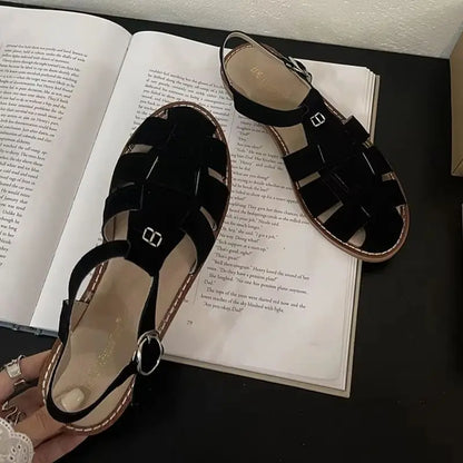 DIMANYU Women's Roman Sandals 2026 Summer New Flat Retro Real Leather Ladies Sandals Hollowed Women's Cage Shoes