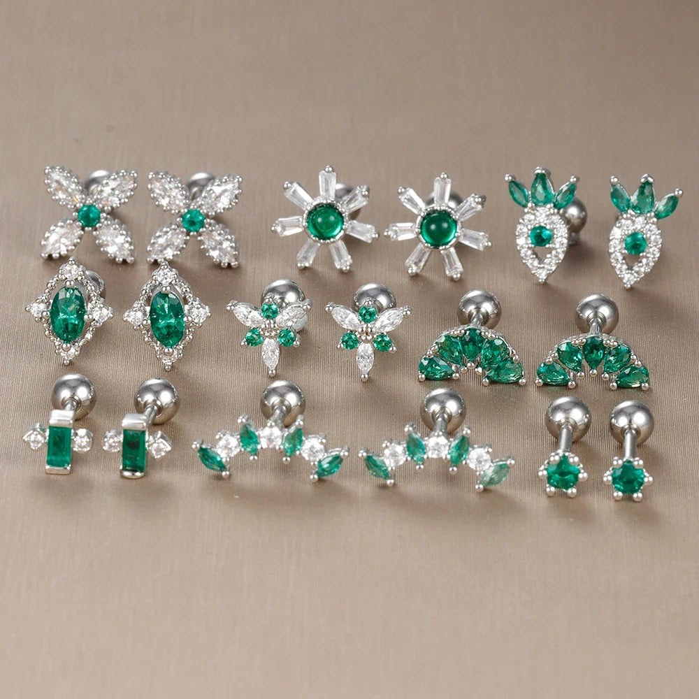 2PC Stainless Steel Little Stud Earring for Women Tiny Green Crystal Zirconia Cartilage Helix Tragus Piercing Earrings Jewelry