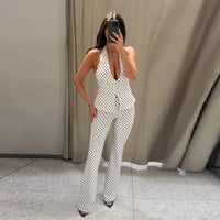 Retro Modern Polka Dot Set Halter Deep V Neck Vest Top Flared Pants Women Party Timeless Chic Female Classic Stylish Outfits