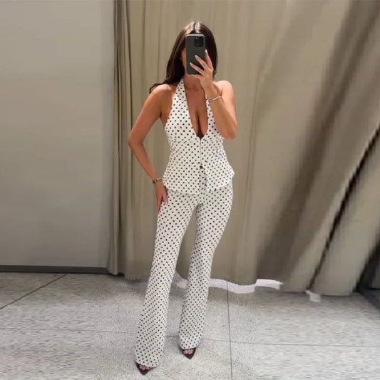 Retro Modern Polka Dot Set Halter Deep V Neck Vest Top Flared Pants Women Party Timeless Chic Female Classic Stylish Outfits