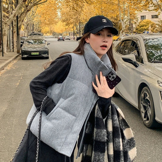 Short Down cotton Vest Women's 2025 Korean Fashion New Stand-up Sleeveless Zipper Student Vest Jacket Black Gray Waistcoat Tide