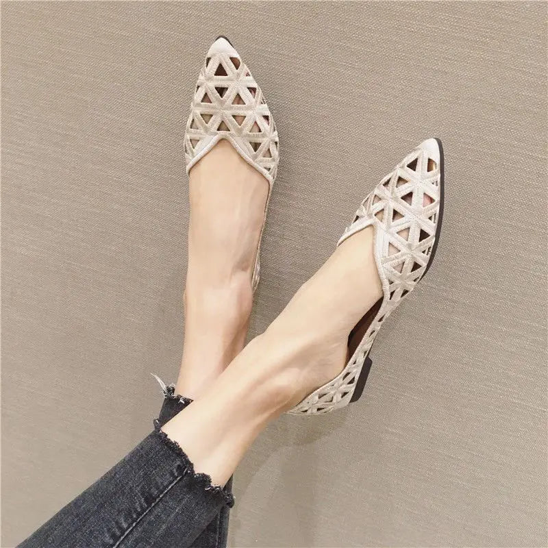 Flat Shoes Women 2026 Summer Pointy Joker Hollow Leisure Commuter Flat Spring Elegant Women's Shoes Breathable Hole Shoes
