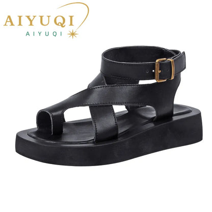AIYUQI Sandals Women Genuine Leather 2026 Summer New Clip Toe Sandals Ladies Roman Women Shoes Muffin Sandals WHS MTO