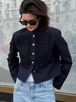 Retro Denim Military Jacket Women Vintage Solid Single Breasted Stand Collar Slim Short Jackets 2026 Lady Daily Street Outerwear