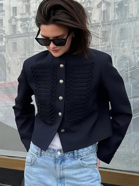 Retro Denim Military Jacket Women Vintage Solid Single Breasted Stand Collar Slim Short Jackets 2026 Lady Daily Street Outerwear