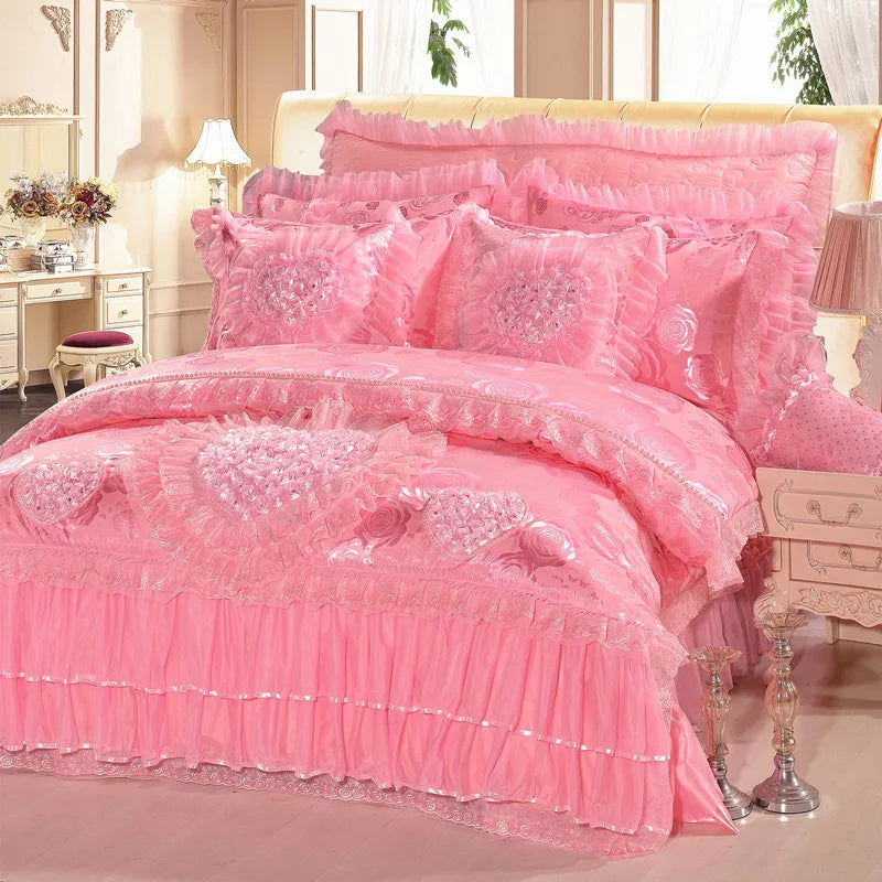 Luxury Wedding Bedding Sets Queen King Size Pink Princess Lace Bedcover Set Jacquard Duvet Cover Bed Sheet Pillowcases
