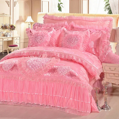 Luxury Wedding Bedding Sets Queen King Size Pink Princess Lace Bedcover Set Jacquard Duvet Cover Bed Sheet Pillowcases