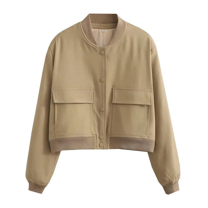 Women Fashion With Pockets Bomber Jacket Coats Vintage Long Sleeve Front Button Casual Female Outerwear Chic Tops