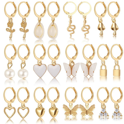 Heart Pearl Dangle Earrings Set Metal Gold Color Butterfly Locks Earrings for Women Shell Trendy Jewelry Hoop Earrings 2024