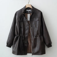 Women Fashion 2025 Fall / Autumn Pu Leather Jacket with Elastic adjustable waist Female Coat and Outerwear