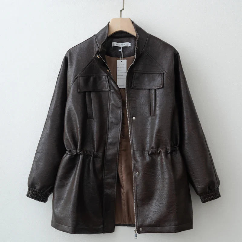 Women Fashion 2025 Fall / Autumn Pu Leather Jacket with Elastic adjustable waist Female Coat and Outerwear