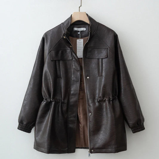 Women Fashion 2025 Fall / Autumn Pu Leather Jacket with Elastic adjustable waist Female Coat and Outerwear