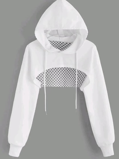 Street Sport Drop Shoulder Drawstring Hollow Out Super Crop Sports Hoodie Without Cami Top