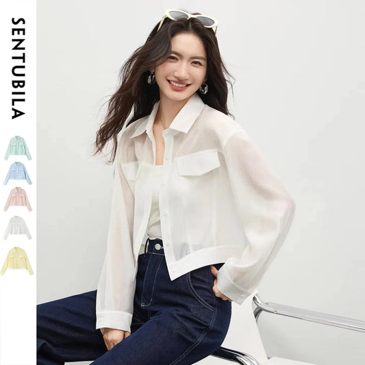 SENTUBILA Lyocell Shirt Women Sun Protection See-Through Tops 2026 Spring Summer Short Shirt Jacket Woman Shackets Q61WF6012
