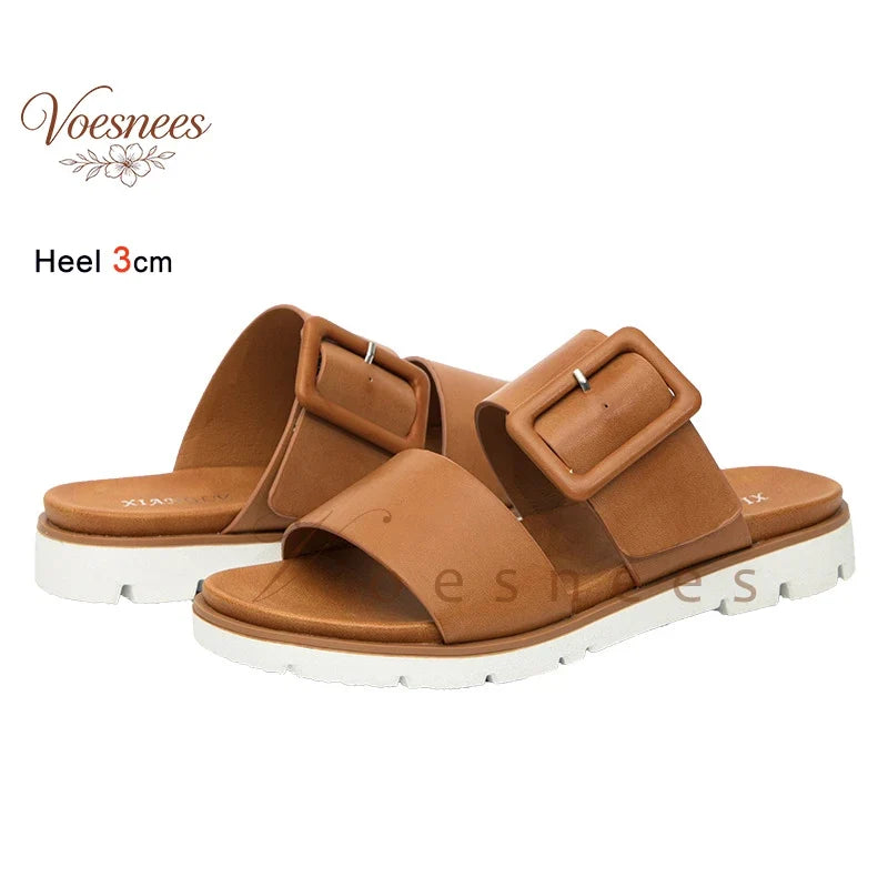 Adjustable Square Buckle Women Slide Sandals Two Strap Platform Slippers Low Heel Soft Sole Summer Open Toe Walking Casual Shoes