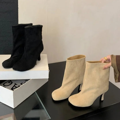 Eilyken Street Style Pleated Round Toe Women Ankle Boots Thin Heels Shoes Winter Concise Chelsea Short Botas Mujer