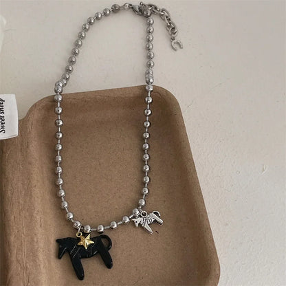 LATS White Black Green Blue Pink Color Enamel Colt Horse Pendant Necklaces for Women Silver Plated Alloy Beads Chain Chokers