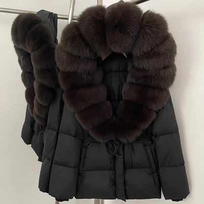 Reality Fur Jacket Real Fur Collar Duck Down Coat Female Winter Hooded Warm Fox Fur Coat Women Natural Raccoon Fur Puffer Jacket