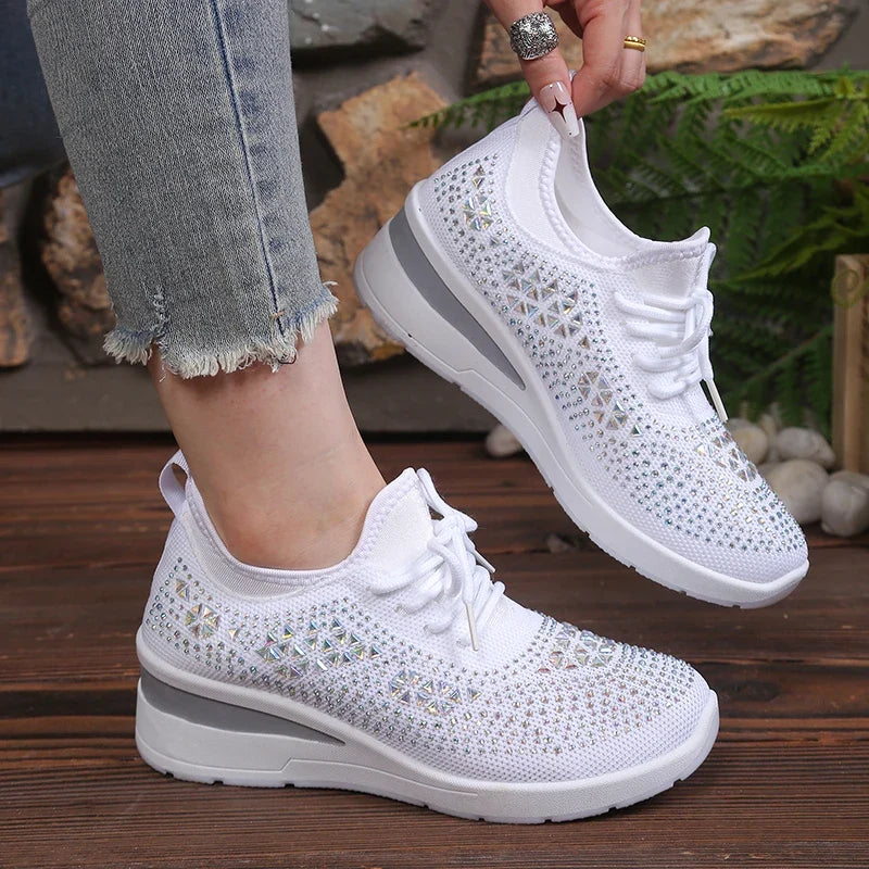 Women's Rhinestone Embellished Knit Mesh Wedge Sneakers, Adjustable Lace-Up Closure, Daily Walking Casual Footwear