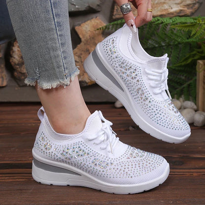 Women's Rhinestone Embellished Knit Mesh Wedge Sneakers, Adjustable Lace-Up Closure, Daily Walking Casual Footwear